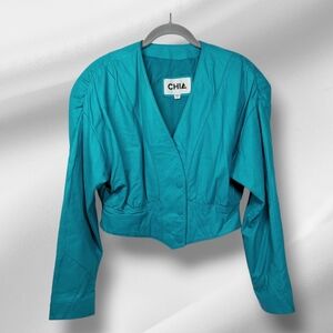 Vintage Chia Leather Crop Jacket Teal Womens Large